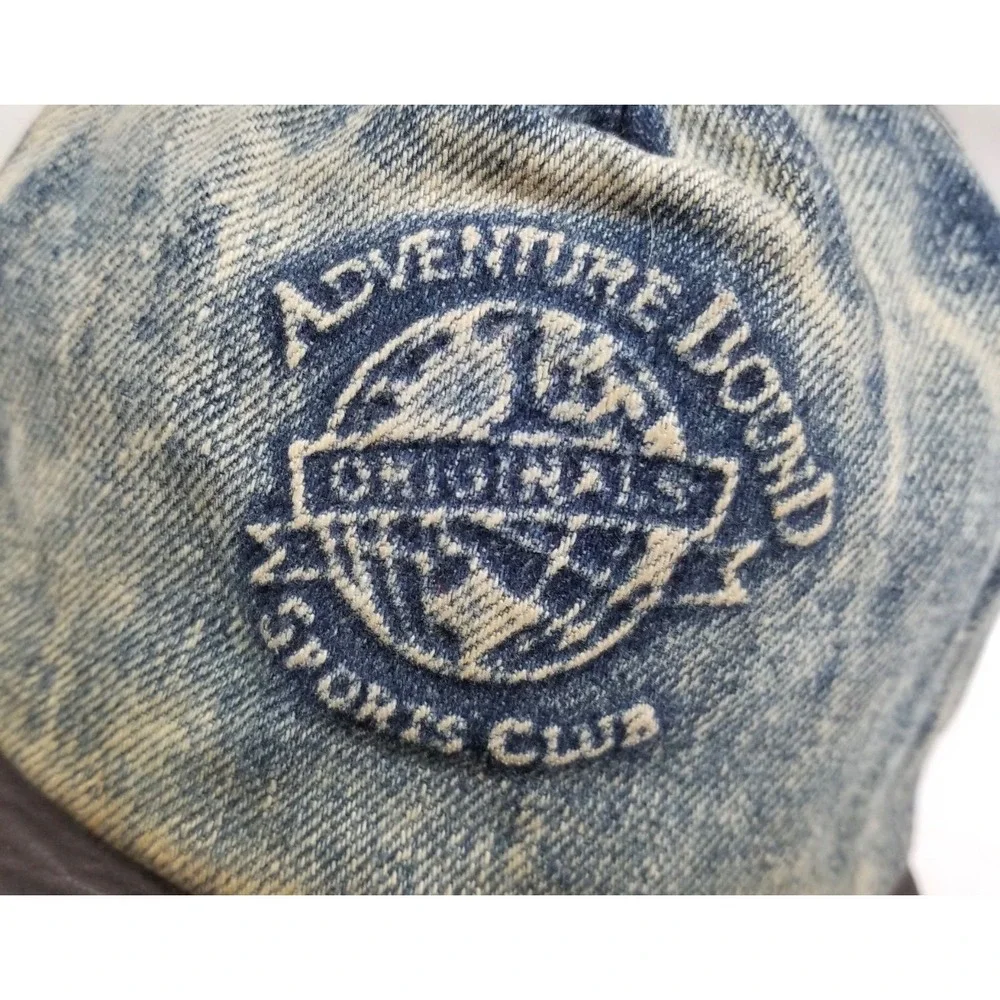 Adventure Bound Acid Wash Denim Cap Leather Bib Baseball Distressed Streetwear